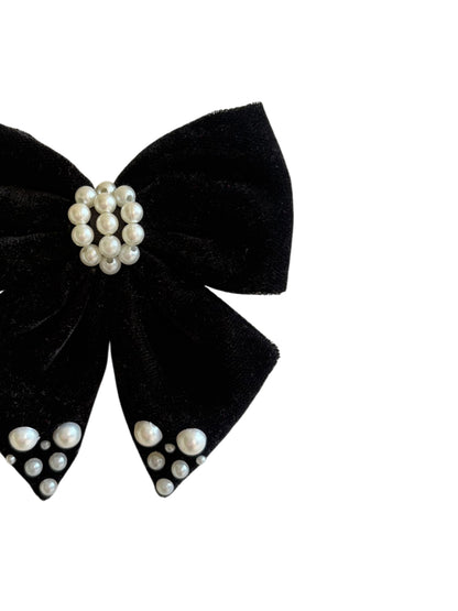 Velvet party bow on alligator clip  embellished with pearls  - Black