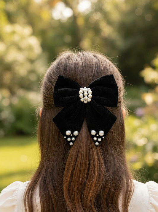 Velvet party bow on alligator clip  embellished with pearls  - Black