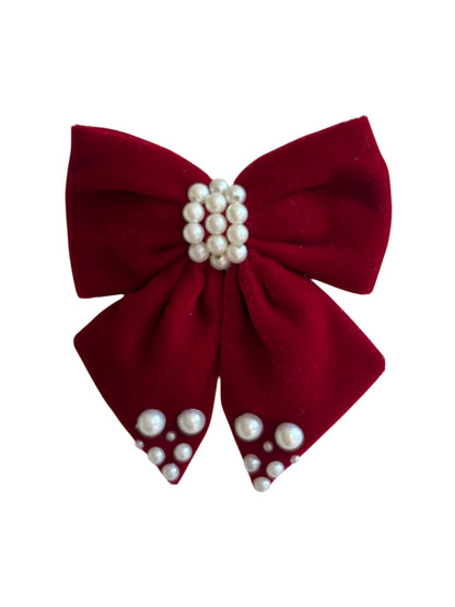 Velvet party bow on alligator clip  embellished with pearls  - Maroon