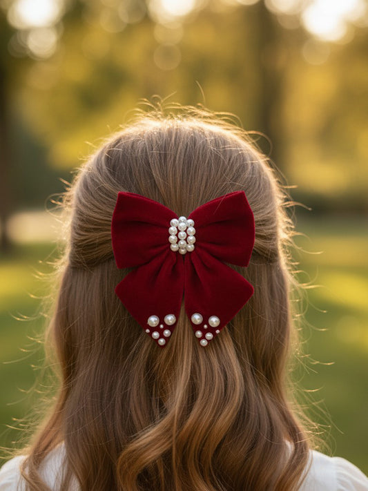 Velvet party bow on alligator clip  embellished with pearls  - Maroon