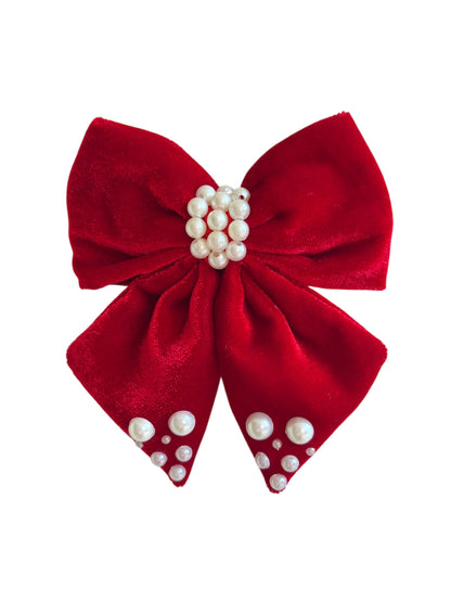 Velvet party bow on alligator clip  embellished with pearls  - Red