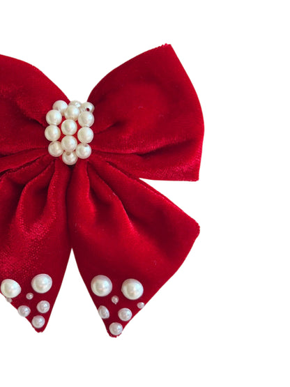 Velvet party bow on alligator clip  embellished with pearls  - Red