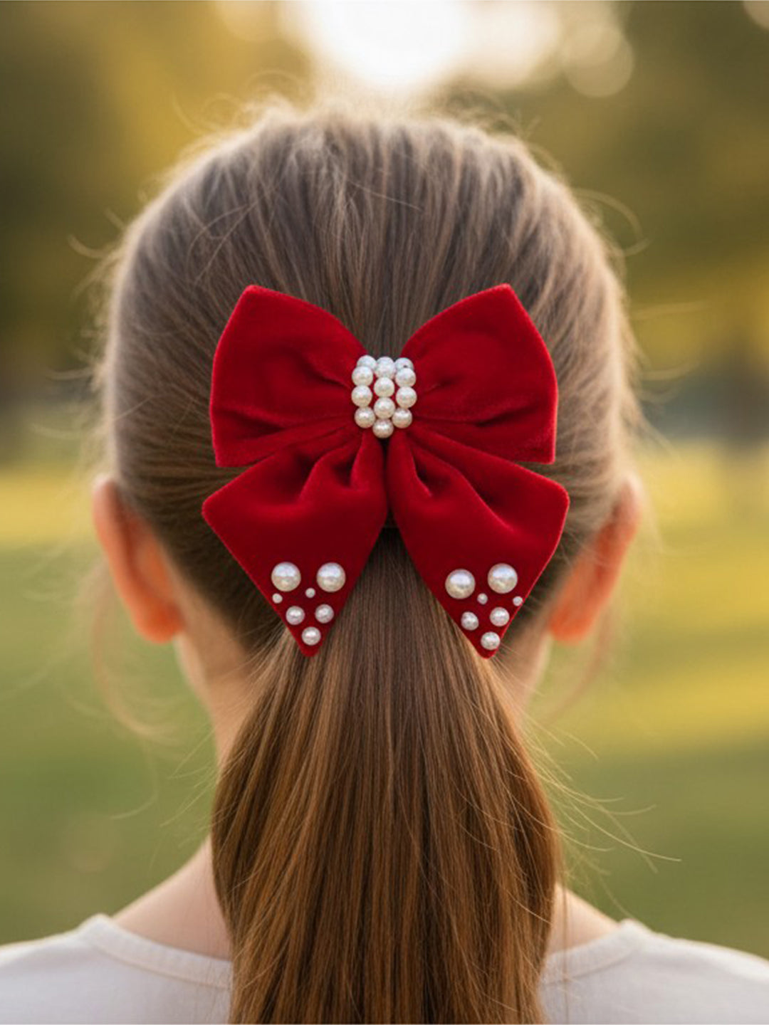 Velvet party bow on alligator clip  embellished with pearls  - Red