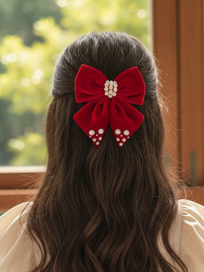 Velvet party bow on alligator clip  embellished with pearls  - Red