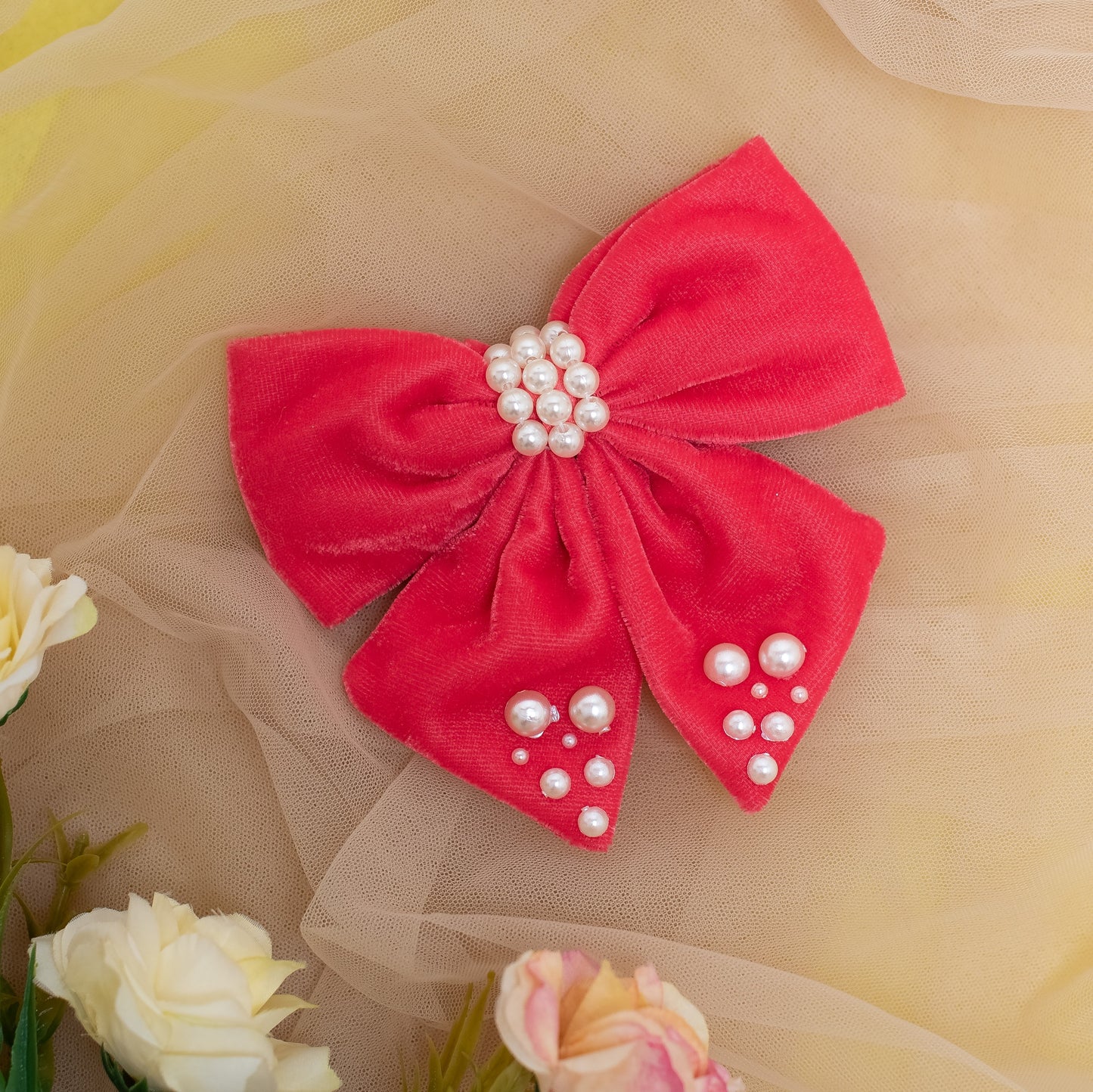 Velvet party bow on Alligator clip  embellished with pearls  - Pink (1 Single bow = 1 quantity)