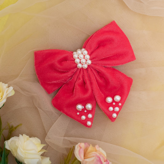 Velvet party bow on Alligator clip  embellished with pearls  - Pink (1 Single bow = 1 quantity)