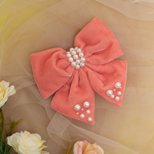 Velvet party bow on Alligator clip  embellished with pearls  - Peach (1 Single bow = 1 quantity)