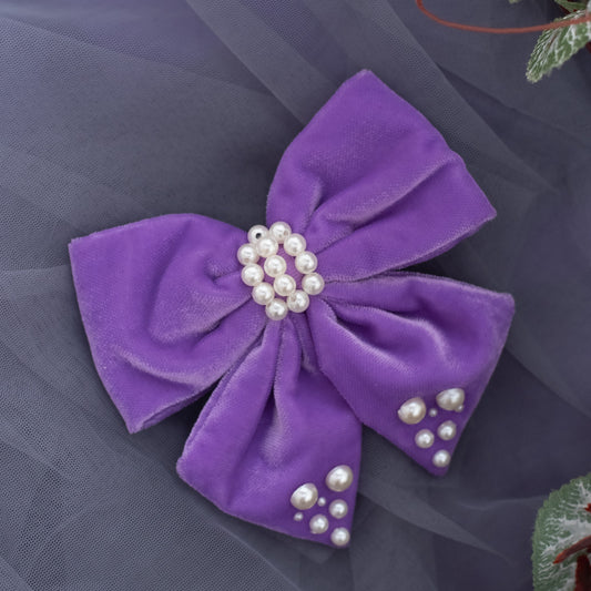 Velvet party bow on Alligator clip  embellished with pearls  - Purple (1 Single bow = 1 quantity)