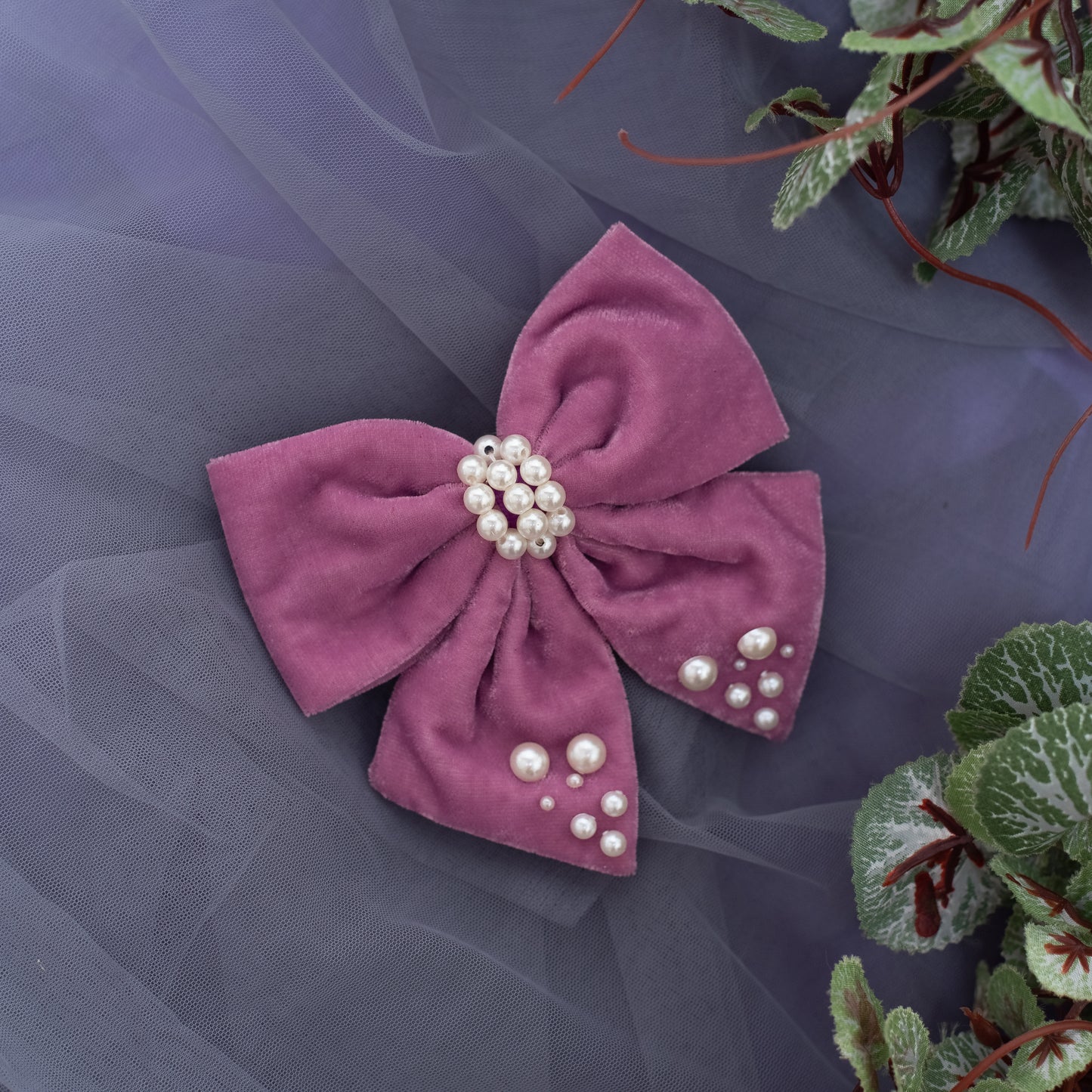 Velvet party bow on Alligator clip  embellished with pearls  - Light Purple (1 Single bow = 1 quantity)