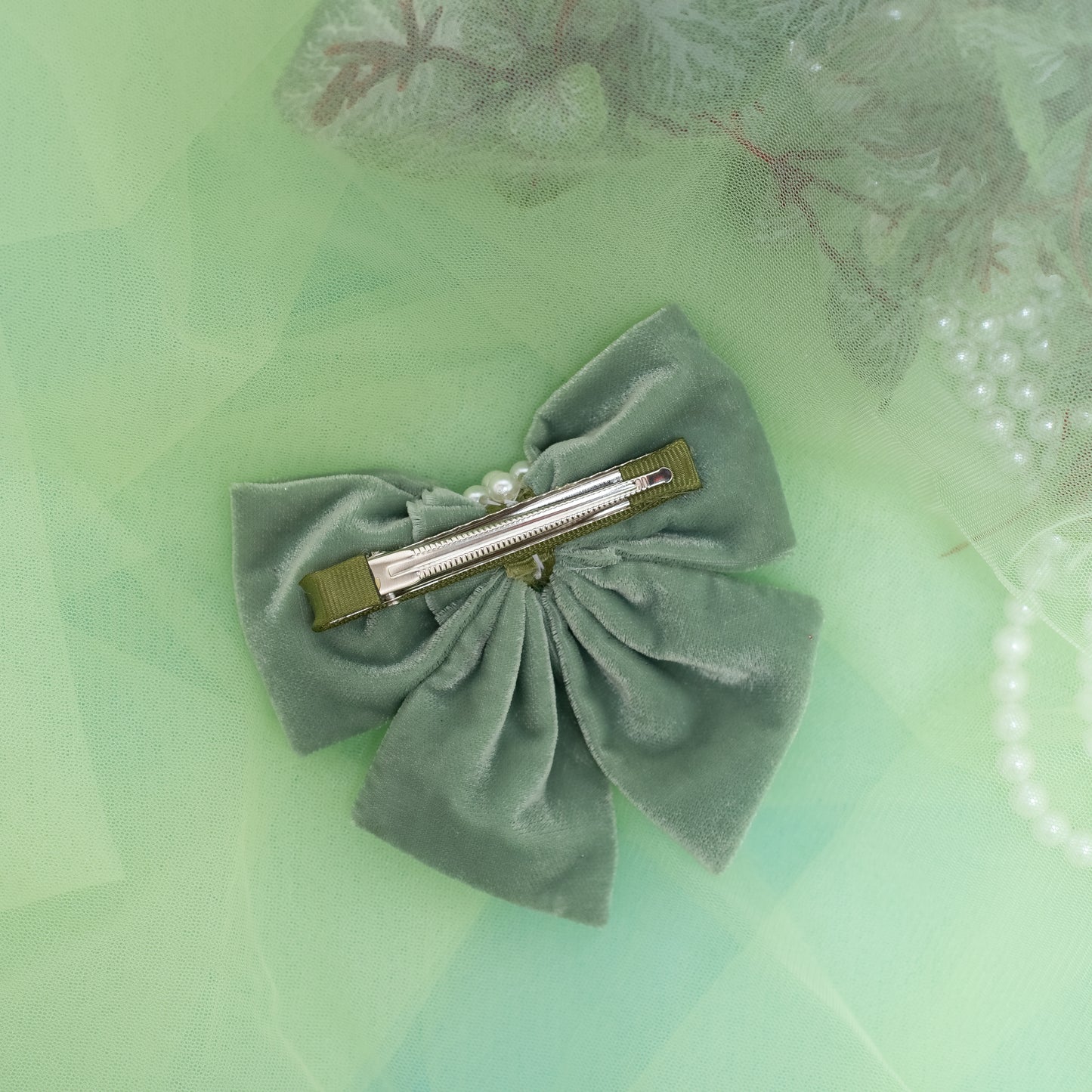 Velvet party bow on Alligator clip  embellished with pearls  - Olive Green (1 Single bow = 1 quantity)