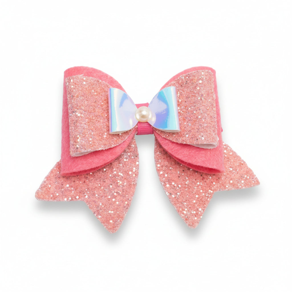 Large, Fancy Party Bow with Shimmer on Alligator Clip- Peach