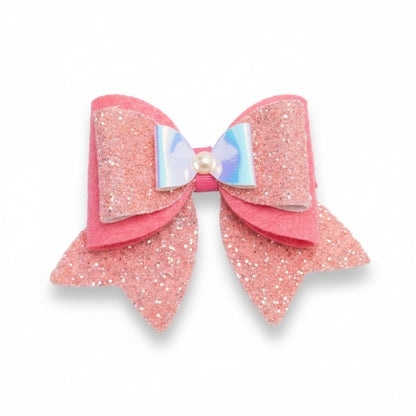 Large, Fancy Party Bow with Shimmer on Alligator Clip- Peach