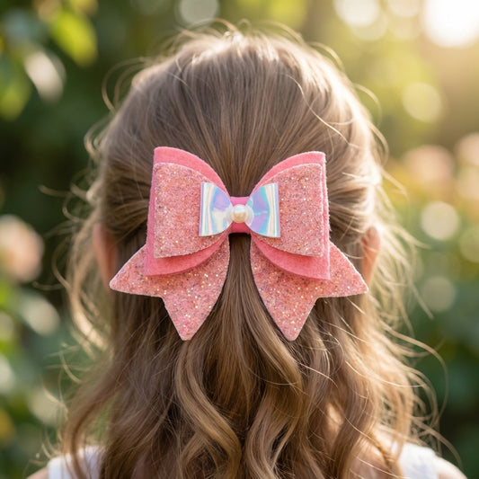 Large, Fancy Party Bow with Shimmer on Alligator Clip- Peach