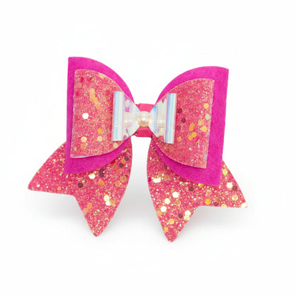 Large, Fancy Party Bow with Shimmer on Alligator Clip- Pink