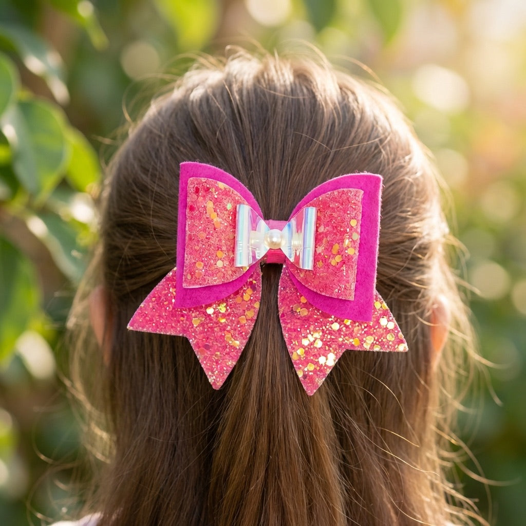 Large, Fancy Party Bow with Shimmer on Alligator Clip- Pink