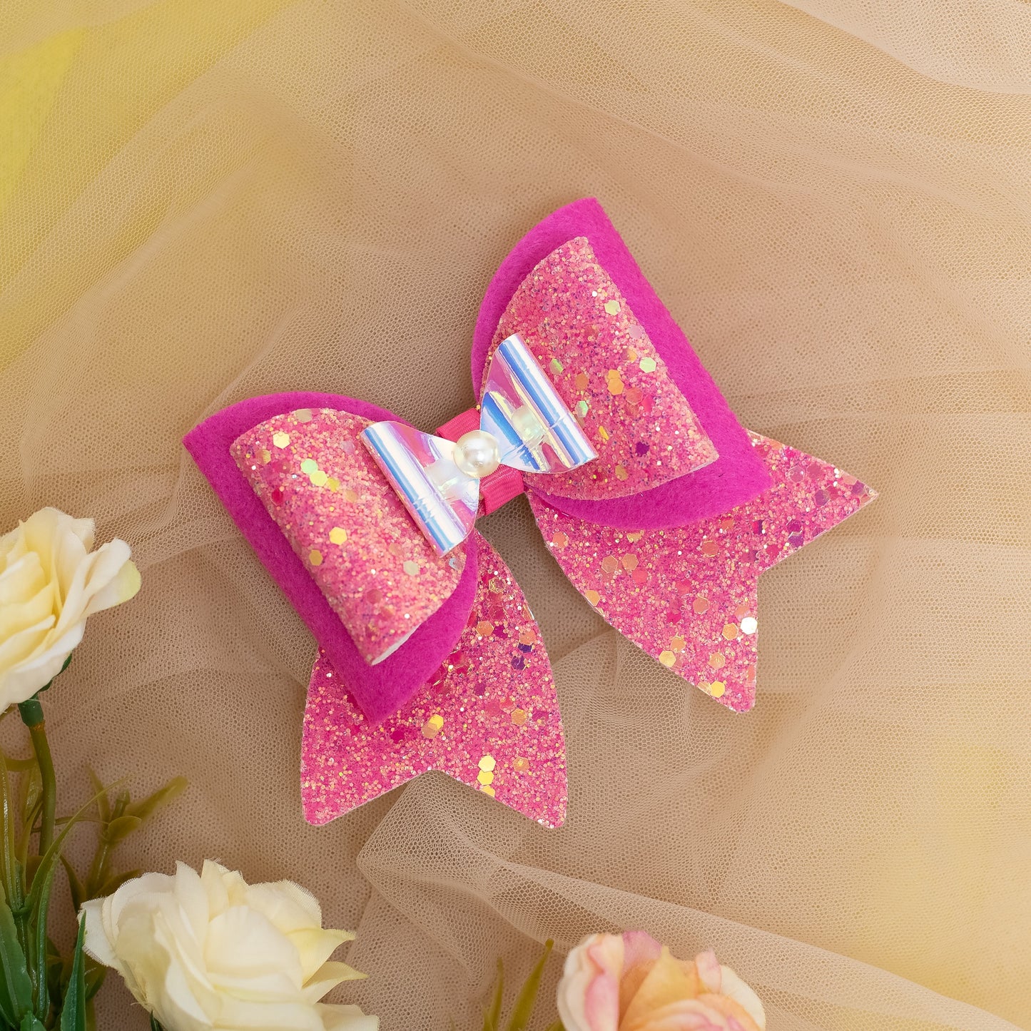 Large, Fancy Party Bow with Shimmer on Alligator Clip- Pink