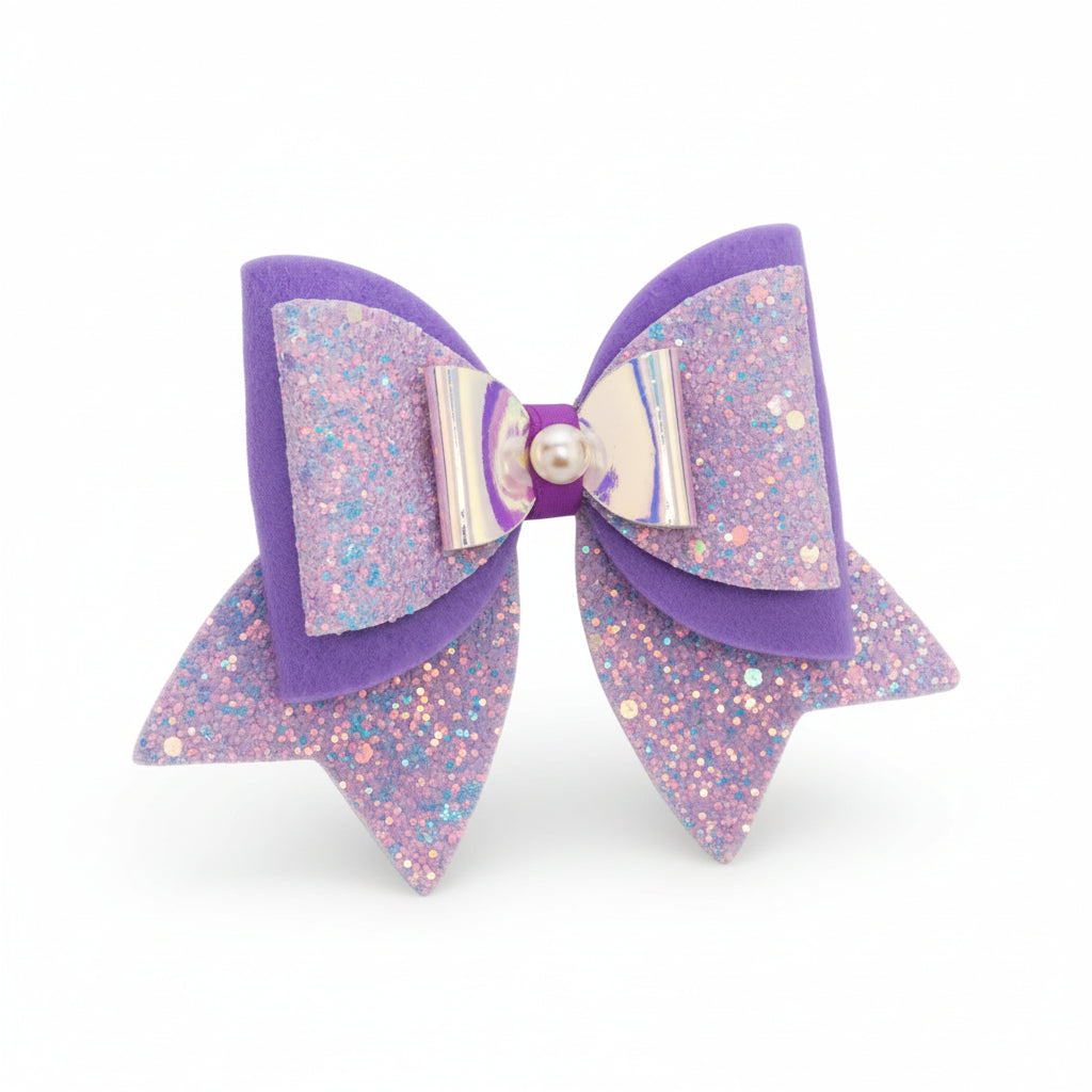 Large, Fancy Party Bow with Shimmer on Alligator Clip- Purple