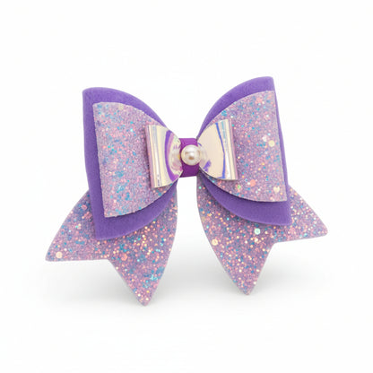 Large, Fancy Party Bow with Shimmer on Alligator Clip- Purple