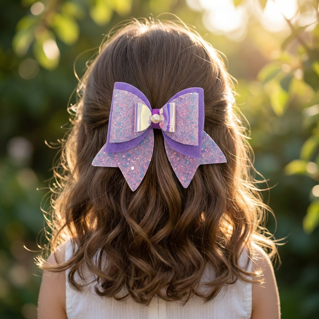 Large, Fancy Party Bow with Shimmer on Alligator Clip- Purple