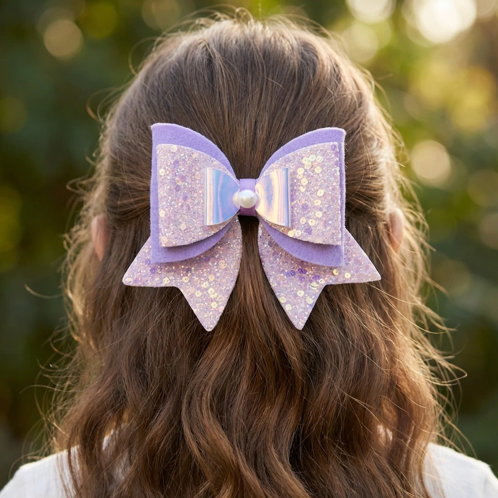 Large, Fancy Party Bow with Shimmer on Alligator Clip- Light Pink