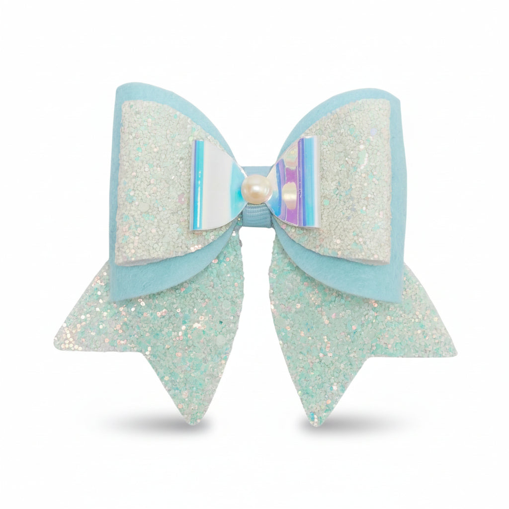 Large, Fancy Party Bow with Shimmer on Alligator Clip- Blue