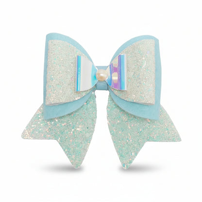 Large, Fancy Party Bow with Shimmer on Alligator Clip- Blue