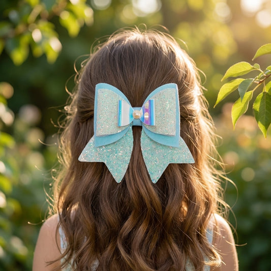 Large, Fancy Party Bow with Shimmer on Alligator Clip- Blue