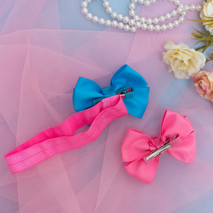 Combo: 1 Stretchy Band with 2 Layered Bows embellished with Sequinze and Pearls - Blue, Pink (Set of 2 Bows, 1 strechy band = 3 quantity)
