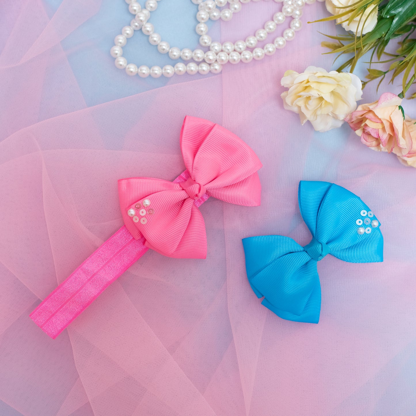 Combo: 1 Stretchy Band with 2 Layered Bows embellished with Sequinze and Pearls - Blue, Pink (Set of 2 Bows, 1 strechy band = 3 quantity)