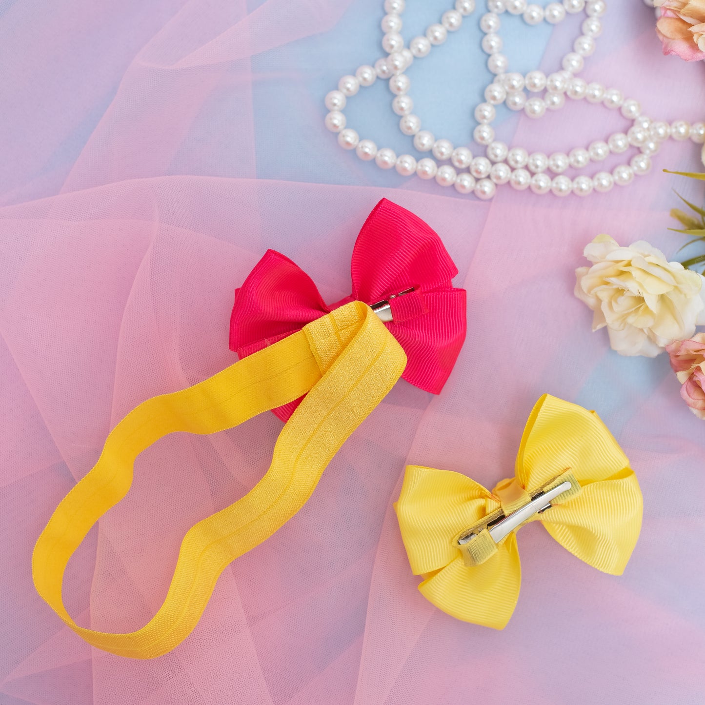 Combo: 1 Stretchy Band with 2 Layered Bows embellished with Sequinze and Pearls - Yellow, Hot Pink (Set of 1 strechy band, 2 Large Layered Bows = 3 quantity)