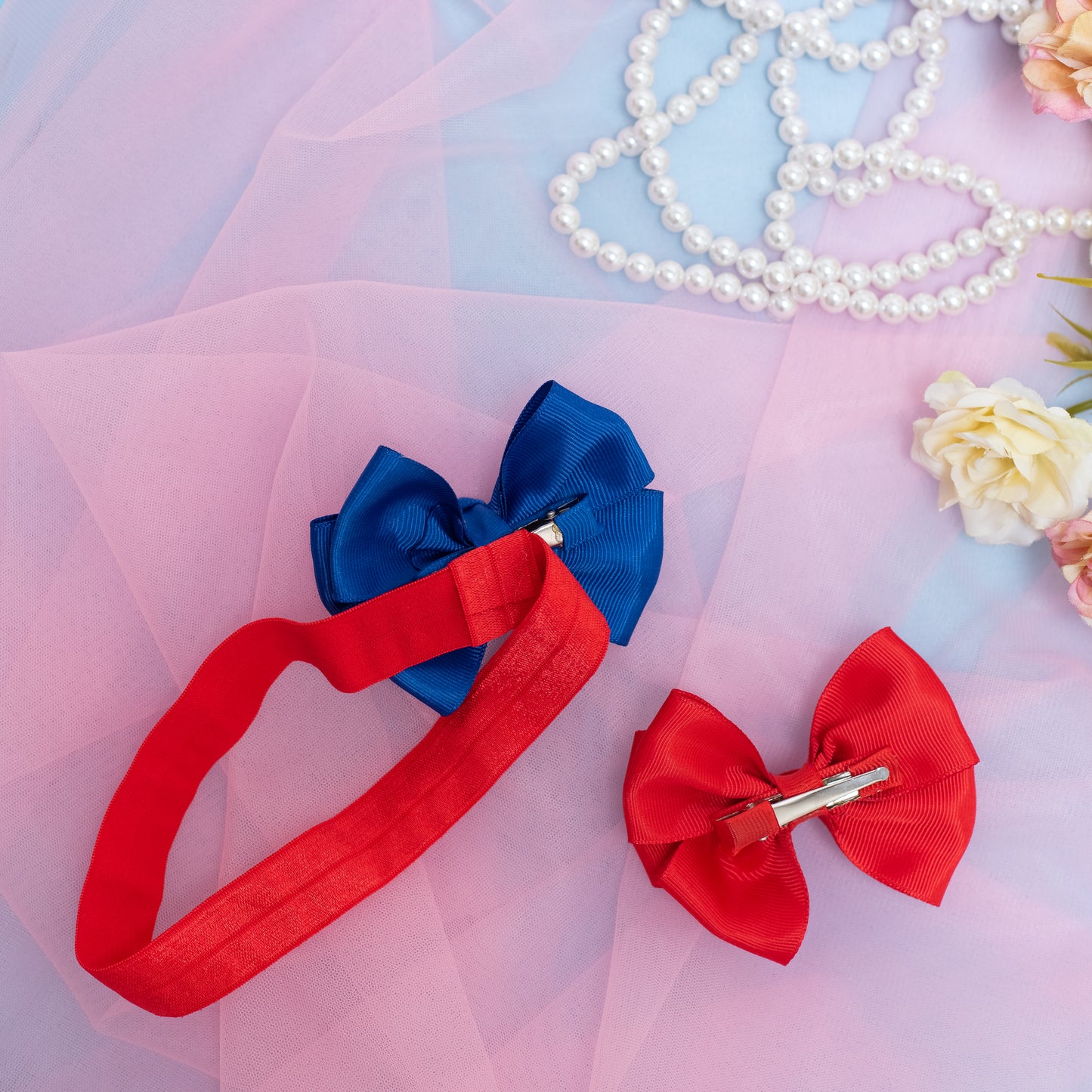 Combo: 1 Stretchy Band with 2 Layered Bows embellished with Sequinze and Pearls - Red, Blue (Set of 1 strechy band, 2 Large Layered Bo