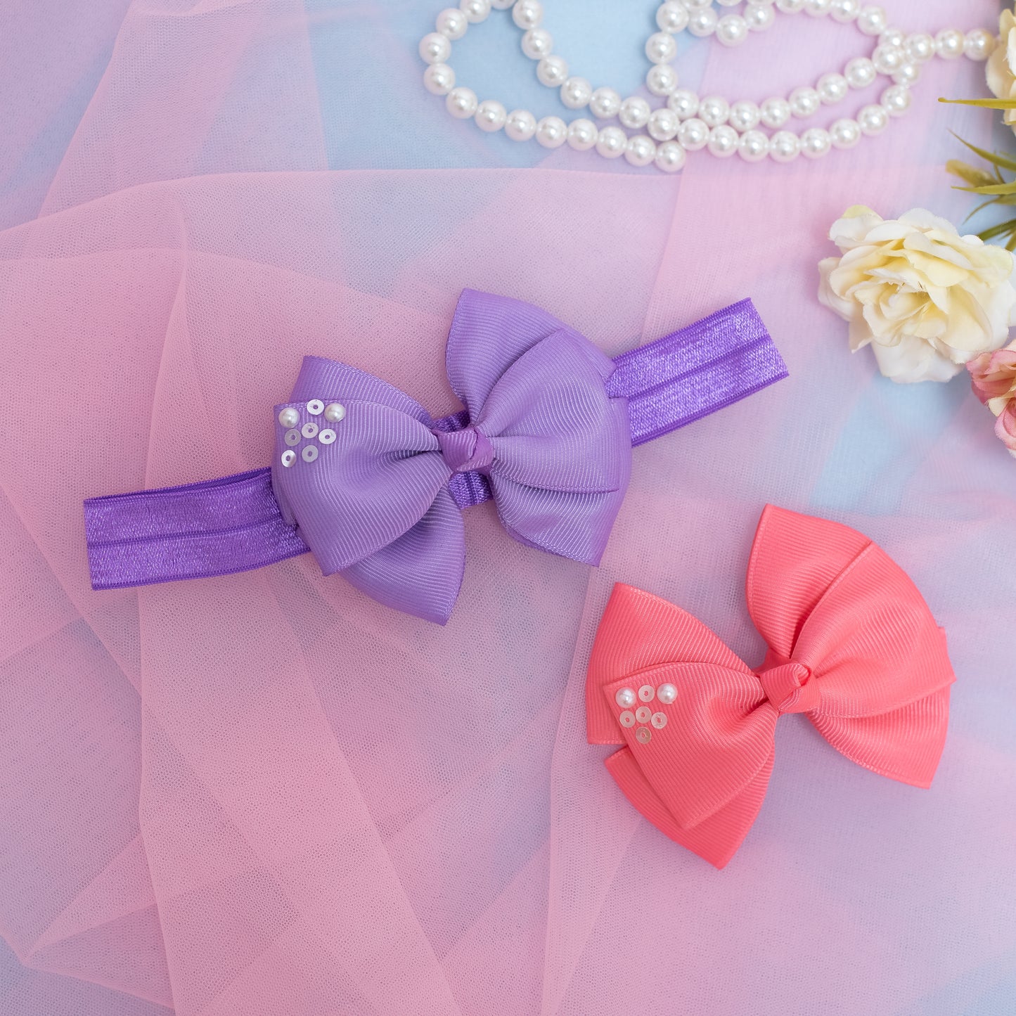 Combo: 1 Stretchy Band with 2 Layered Bows embellished with Sequinze and Pearls - Peach, Purple