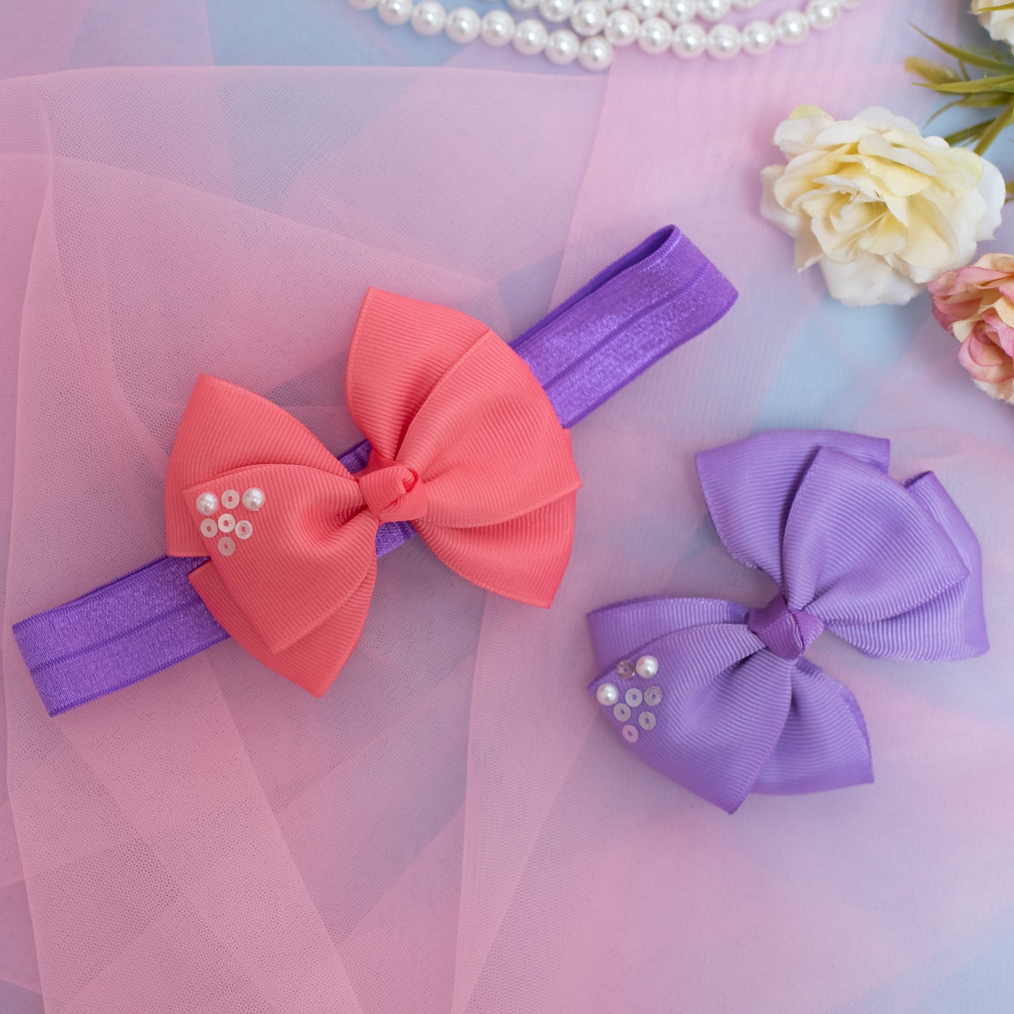 Combo: 1 Stretchy Band with 2 Layered Bows embellished with Sequinze and Pearls - Peach, Purple