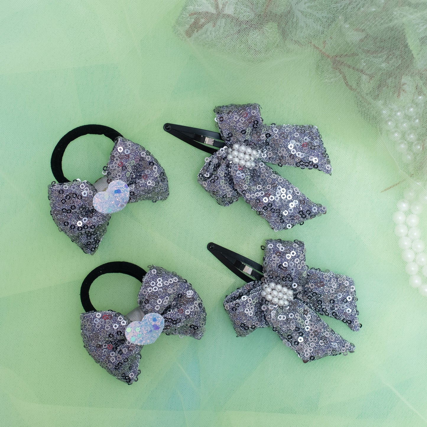Combo: Sequined bow on Tic-Tac Pins and Rubberbands - Grey (Set of 1 pair Tic-tac clips and 1 pair Hair-ties = 4 quantity)