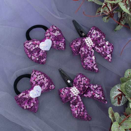 Combo: Sequined bow on Tic-Tac Pins and Rubberbands - Purple (Set of 1 pair Tic-tac clips and 1 pair Hair-ties = 4 quantity)