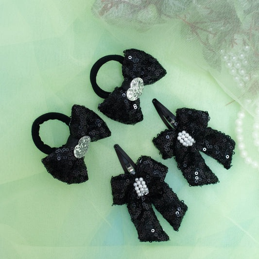 Combo: Sequined bow on Tic-Tac Pins and Rubberbands - Black (Set of 1 pair Tic-tac clips and 1 pair Hair-ties = 4 quantity)