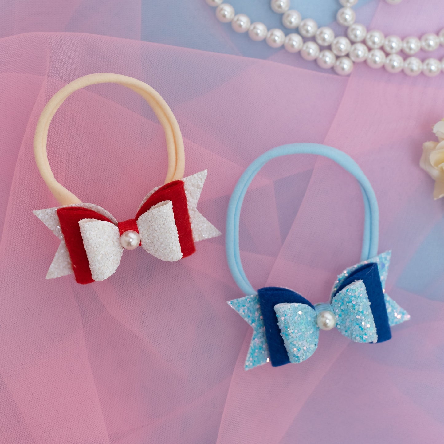 Combo: 2 Super Soft Infant Stretchy Bands with Glitter Bows on each - Red, Blue
