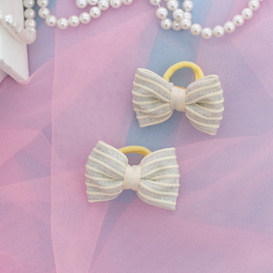 Silver Striped party bow Rubberbands - Light Yellow (1 pair hair-ties = 2 quantity)
