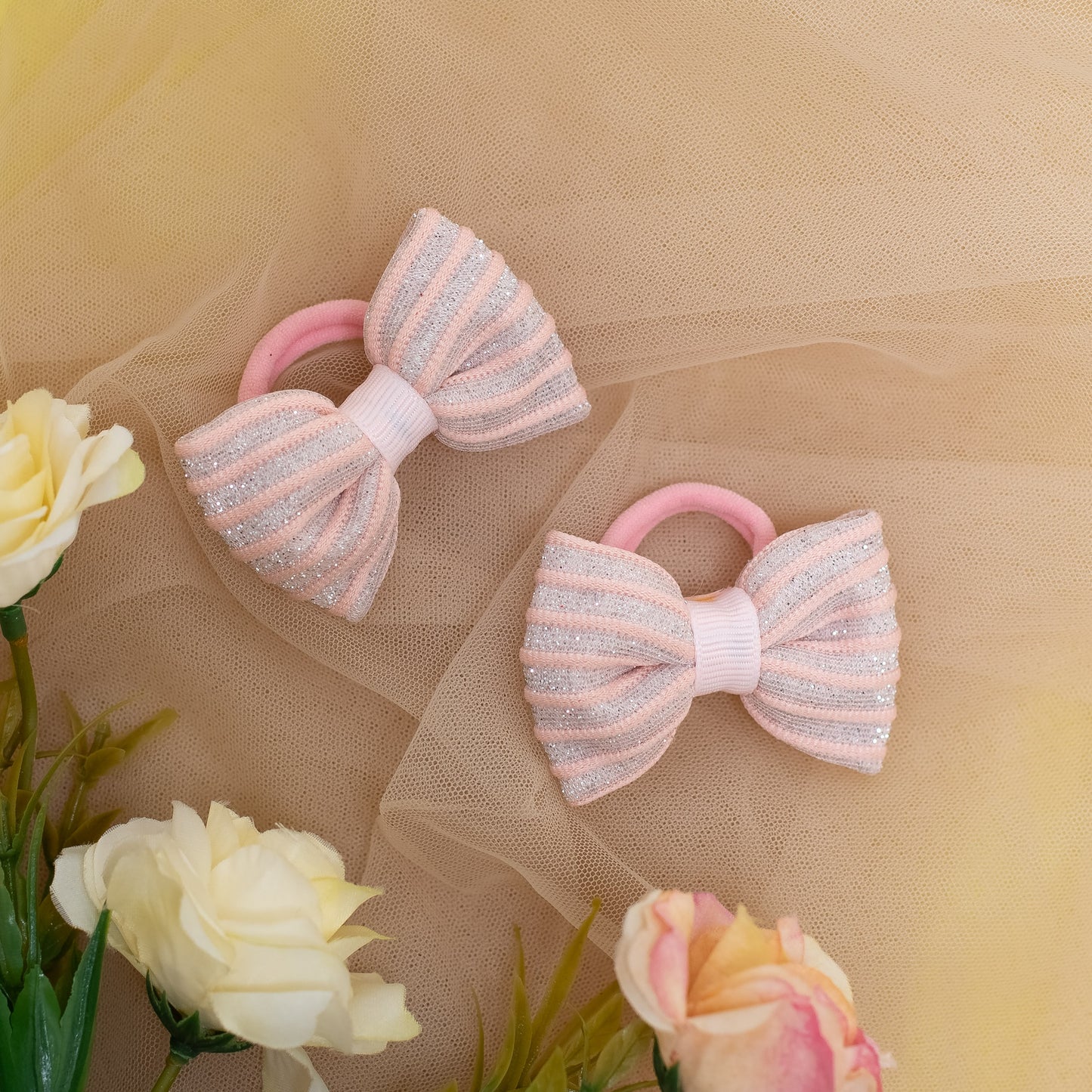 Silver Striped party bow Rubberbands - Light Pink (1 pair hair-ties = 2 quantity)