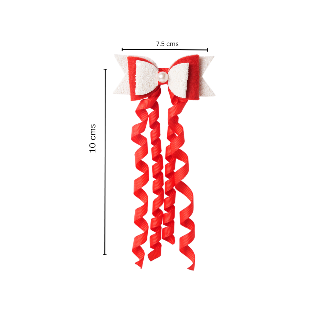 Dangler Hair-pin with Fancy Shimmer Bow for Party -  Red, White