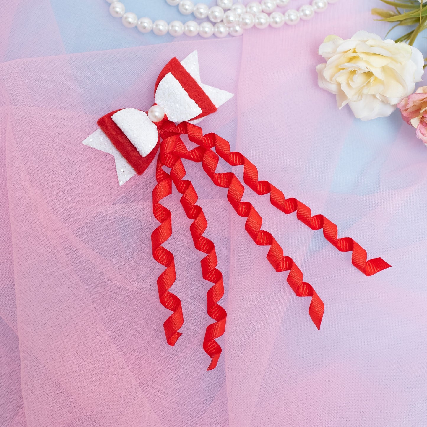 Dangler Hair-pin with Fancy Shimmer Bow for Party -  Red, White (1 Dangler on Alligator clip )