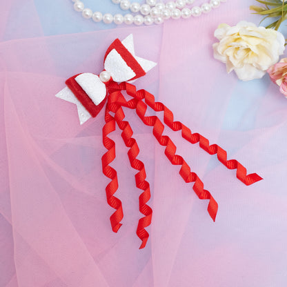 Dangler Hair-pin with Fancy Shimmer Bow for Party -  Red, White (1 Dangler on Alligator clip )