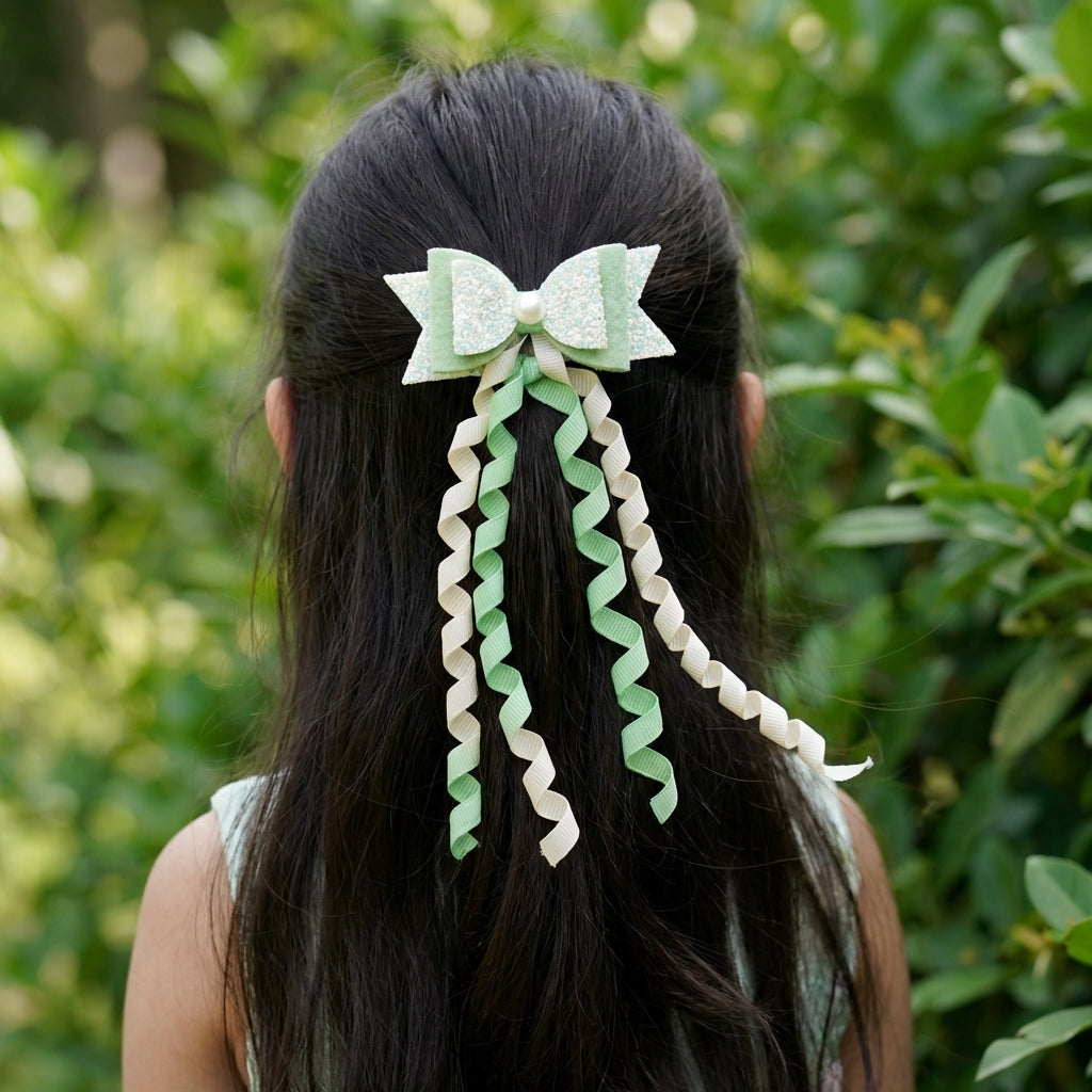 Dangler Hair-pin with Fancy Shimmer Bow for Party -  Sea Green