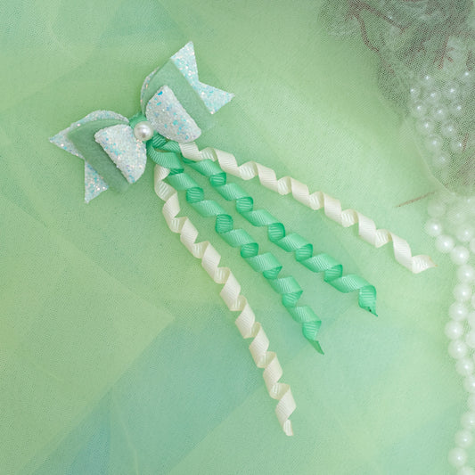 Dangler Hair-pin with Fancy Shimmer Bow for Party -  Sea Green (1 Dangler on Alligator clip )