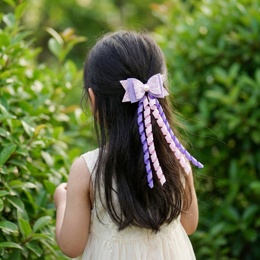 Dangler Hair-pin with Fancy Shimmer Bow for Party -  Light Pink, Purple