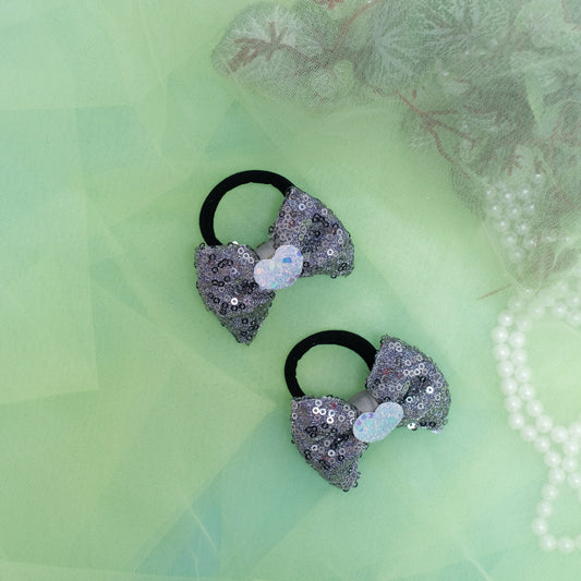 Sequined bow on Rubberbands embellished with glitter hearts - Dark Grey (Set of 1 pair Hair-ties = 2 quantity)