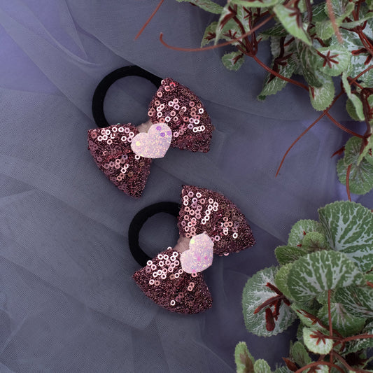 Sequined bow on Rubberbands embellished with glitter hearts - Dusty Pink(Set of 1 pair Hair-ties = 2 quantity)
