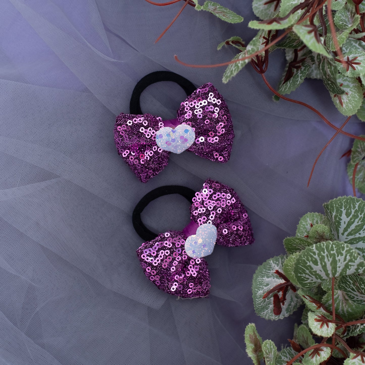 Sequined bow on Rubberbands embellished with glitter hearts - Magenta (Set of 1 pair Hair-ties = 2 quantity)