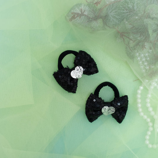 Sequined bow on Rubberbands embellished with glitter hearts - Black (Set of 1 pair Hair-ties = 2 quantity)