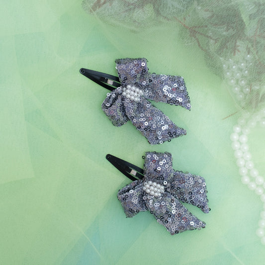 Sequence bow with pearl embellishment on tic - tac pins - Dark Grey (Set of 1 pairs = 2 quantity)